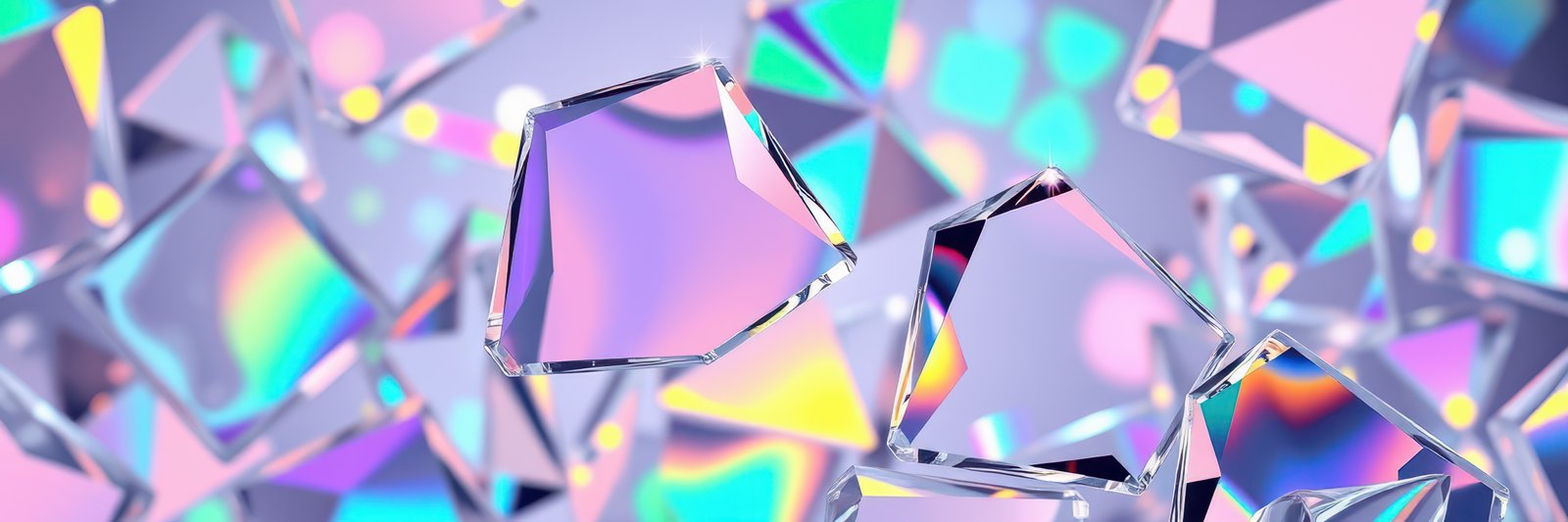 Colorful glass crystals reflecting light create a vibrant abstract display